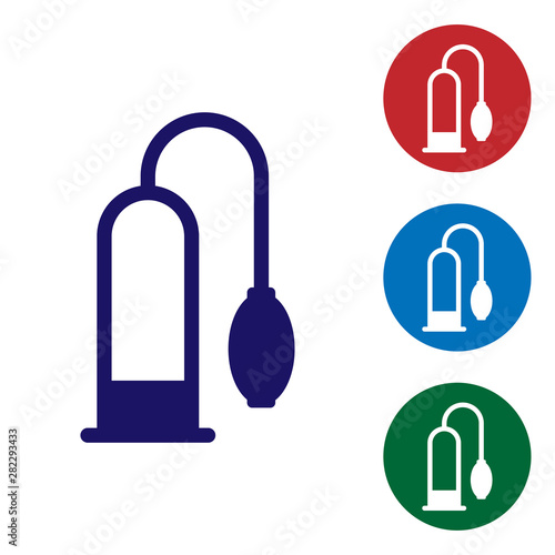 Blue Penis pump icon isolated on white background. Penis enlarger. Sex toy for men. Vacuum pump with a blower to increase the penis. Set color icon in circle buttons. Vector Illustration