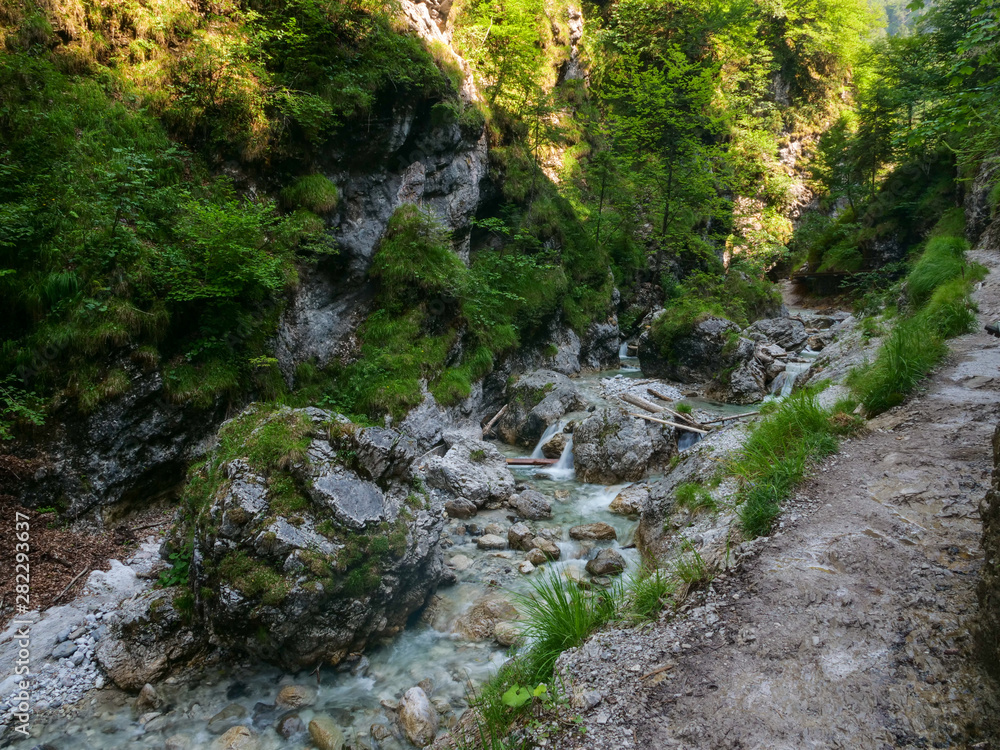 Griessbach Gorge in Erpfendorf, Tyrol alps, Austria - wild stream running over stones, wild water Griessbach Gorge in Erpfendorf, Tyrol alps, Austria - wild stream running over stones, wild water
