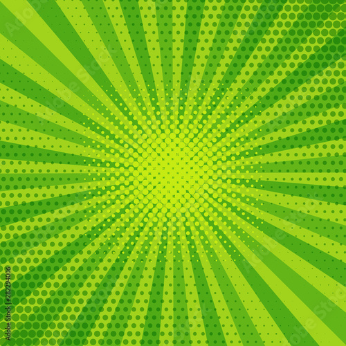 Retro comic rays green dots background. Vector illustration in pop art retro style