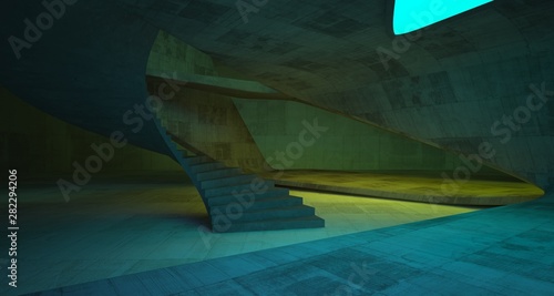 Abstract architectural concrete smooth interior of a minimalist house with color gradient neon lighting. 3D illustration and rendering.