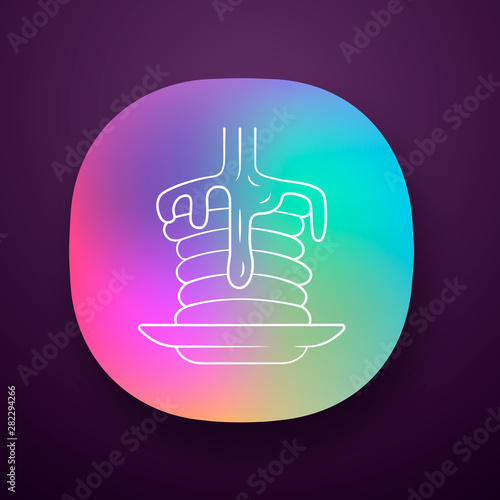 Pancakes with syrup app icon. Traditional american breakfast. Homemade dessert. Sweet tasty pancake stack with honey. UI/UX user interface. Web or mobile application. Vector isolated illustration