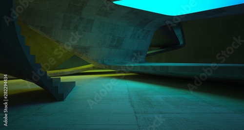 Abstract architectural concrete smooth interior of a minimalist house with color gradient neon lighting. 3D illustration and rendering. © SERGEYMANSUROV