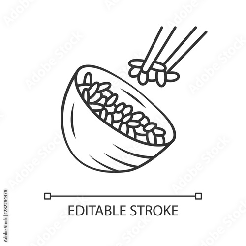 Rice linear icon. Japanese food. Bowl with white rice. Sushi, spring rolls ingredient. Natural, organic food. Thin line illustration. Contour symbol. Vector isolated outline drawing. Editable stroke