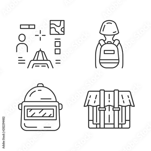 Online game inventory linear icons set. Safety helmet, package, container, shooter from first person, tactical backpack. Thin line contour symbols. Isolated outline illustrations. Editable stroke