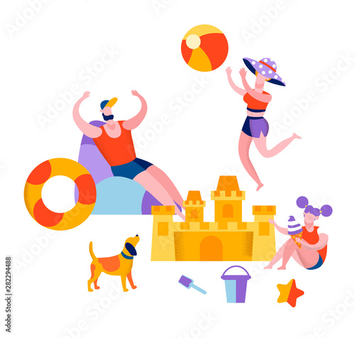 Happy Family Relaxing on Beach Playing Ball Summer