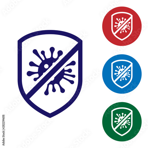 Blue Stop virus, bacteria, germs and microbe icon isolated on white background. Antibacterial and antiviral defence, protection infection. Set color icon in circle buttons. Vector Illustration