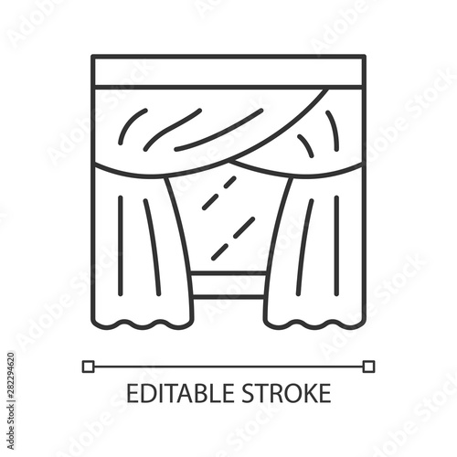 Priscilla curtains linear icon. Panel pair hanging on curtain rod. Bedroom drapes. Home interior decor. Thin line illustration. Contour symbol. Vector isolated outline drawing. Editable stroke