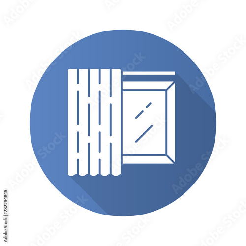 Single panel flat design long shadow glyph icon. Home decorating curtain. Room darkening monochrome shade on cornice. Shop interior design. Window covering. Vector silhouette illustration
