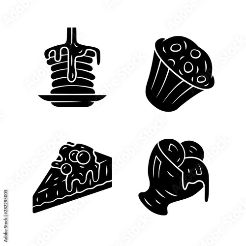 Desserts glyph icons set. Pancakes, muffin, cheesecake, ice cream. Bakery shop, confectionery menu. Plombir, cupcake. Sweet food, confections dishes. Silhouette symbols. Vector isolated illustration