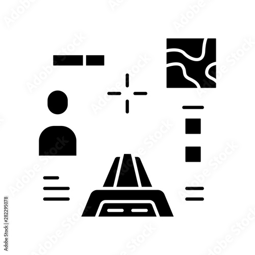 Shooter from first person glyph icon. Virtual video game. Online multiplayer. Battle royale. Cybersport mission. Game interface. Silhouette symbol. Negative space. Vector isolated illustration