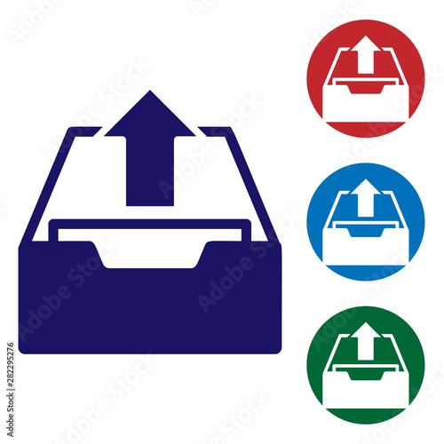 Blue Upload inbox icon isolated on white background. Extract files from archive. Set color icon in circle buttons. Vector Illustration