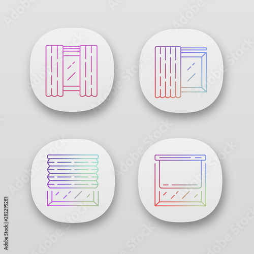 Window coverings and curtains app icons set. Panel pair, tracks, roller shades. Interior design, home decor shop. UI/UX user interface. Web or mobile applications. Vector isolated illustrations