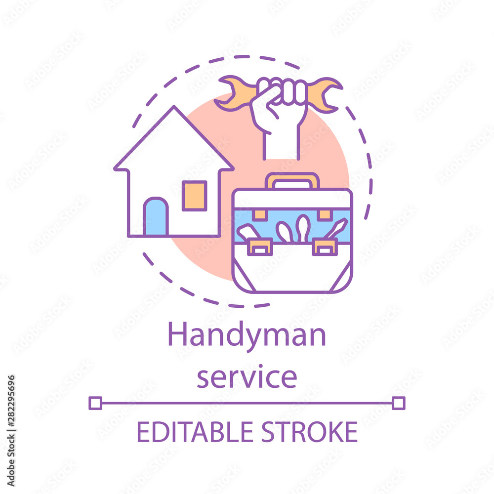 Handyman service concept icon. Home service idea thin line illustration. Home repair. Broken windows and electric lamps fix. House maintenance. Vector isolated outline drawing. Editable stroke