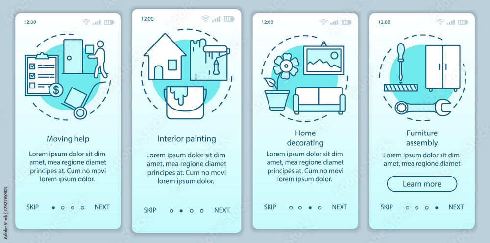 Home services onboarding mobile app page screen vector template. Interior painting. Moving help. Walkthrough website steps with linear illustrations. UX, UI, GUI smartphone interface concept