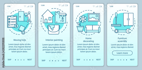 Home services onboarding mobile app page screen vector template. Interior painting. Moving help. Walkthrough website steps with linear illustrations. UX, UI, GUI smartphone interface concept