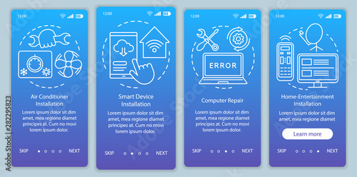 Home services for electronic devices onboarding mobile app page screen vector template. Walkthrough website steps with linear illustrations. Computer repair. UX, UI, GUI smartphone interface concept
