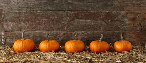 Orange halloween pumpkins on stack of hay or straw