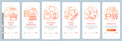 Home services onboarding mobile app page screen with linear concepts. Cleaning service. Six walkthrough steps graphic instructions. Handyman service. UX, UI, GUI vector template with illustrations