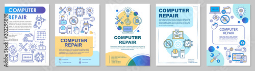 Computer repair brochure template layout. Operating system reinstall. Flyer, booklet, leaflet print design with linear illustrations. Vector page layouts for annual reports, advertising posters