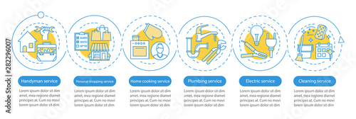 Home services vector infographic template. Handyman service. Business presentation design elements. Data visualization, six steps and options. Process timeline chart. Workflow layout, linear icons