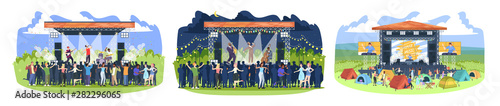 Summer music festival flat vector illustrations set. Rock, jazz, electronic musician concert. Summertime fun outdoor activity. People in open air live performance isolated cartoon characters