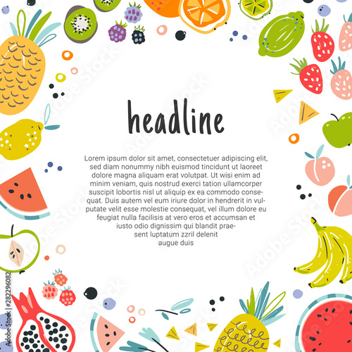 Fruit decorative frame in flat hand drawn style, illustrations border. Tropical vector template for banner, flyer print card and invitation. Ingredients color cliparts made as graphic concept. Sketch 