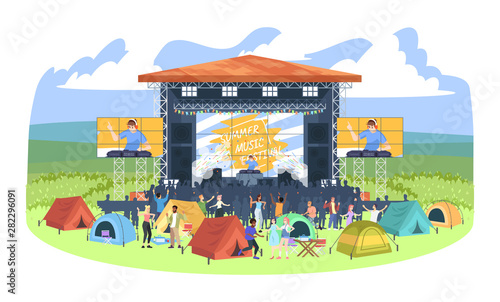 Summer camping DJ festival flat vector illustration. People at electronic music fest campground. Open air concert. Summertime fun outdoor activity. Scene, tent city, audience cartoon characters