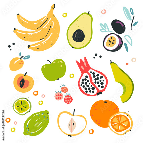 Fruit collection in flat hand drawn style, illustrations set. Tropical fruit and graphic design elements. Ingredients color cliparts. Sketch style smoothie or juice ingredients.