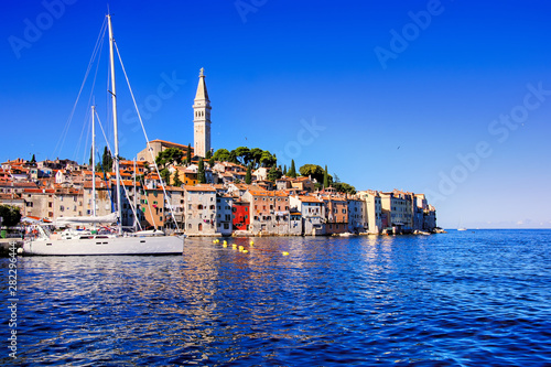 View of the beautiful old town of Rovinj, Croatia, over the blue Adriatic sea