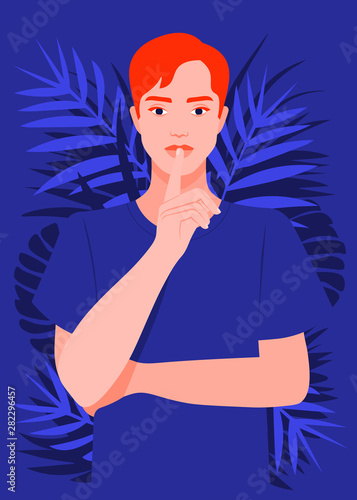 A young man put a finger to his lips. Secret information. Portrait of a strict and serious guy. Vector flat illustration