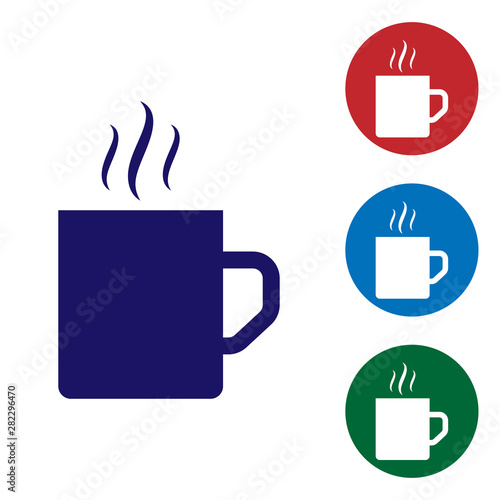 Blue Coffee cup flat icon isolated on white background. Tea cup. Hot drink coffee. Set color icon in circle buttons. Vector Illustration