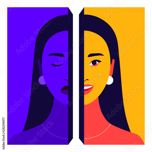 Portrait of a young woman with bipolar disorder. Happy and depressed person. Mental health. Bright vector flat illustration