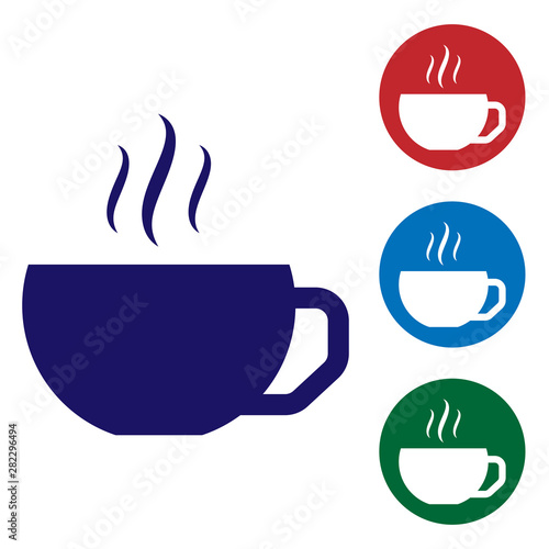 Blue Coffee cup flat icon isolated on white background. Tea cup. Hot drink coffee. Set color icon in circle buttons. Vector Illustration