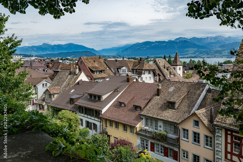 A view from above of the historic old town of Rapperswil framed by lush green trees and leaves