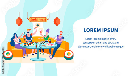 Sushi Time Banner, Friends Meeting in Japanese Bar