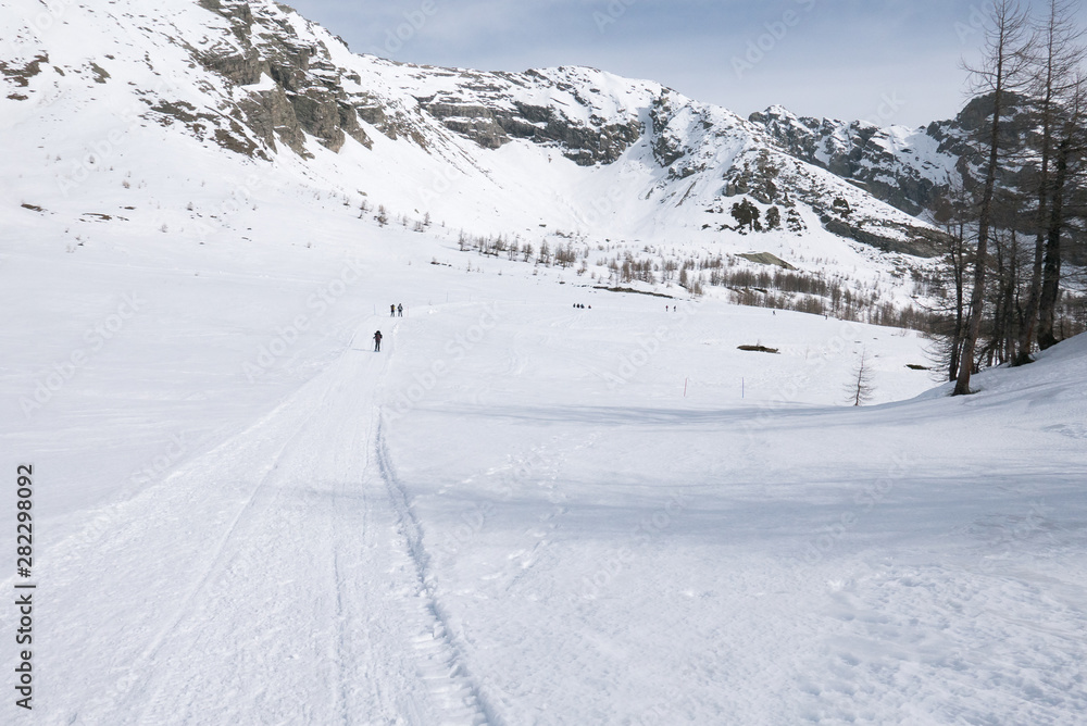 Group of hikers trekking in the mountains of the Alps. Group of hikers trekking in the mountains of the Alps.