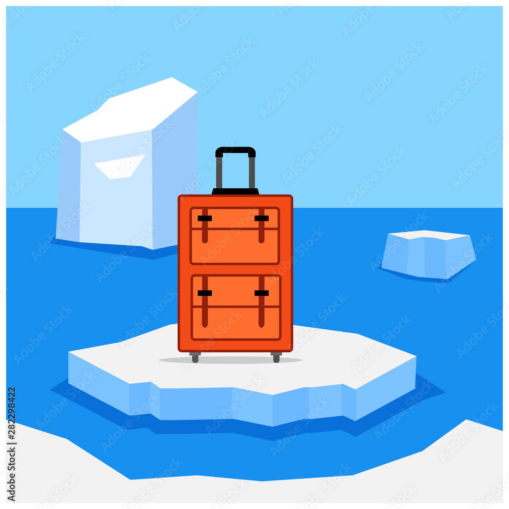 Go to Antarctica. flat design. travel bag and snow hills. Go to Antarctica. flat design. travel bag and snow hills.