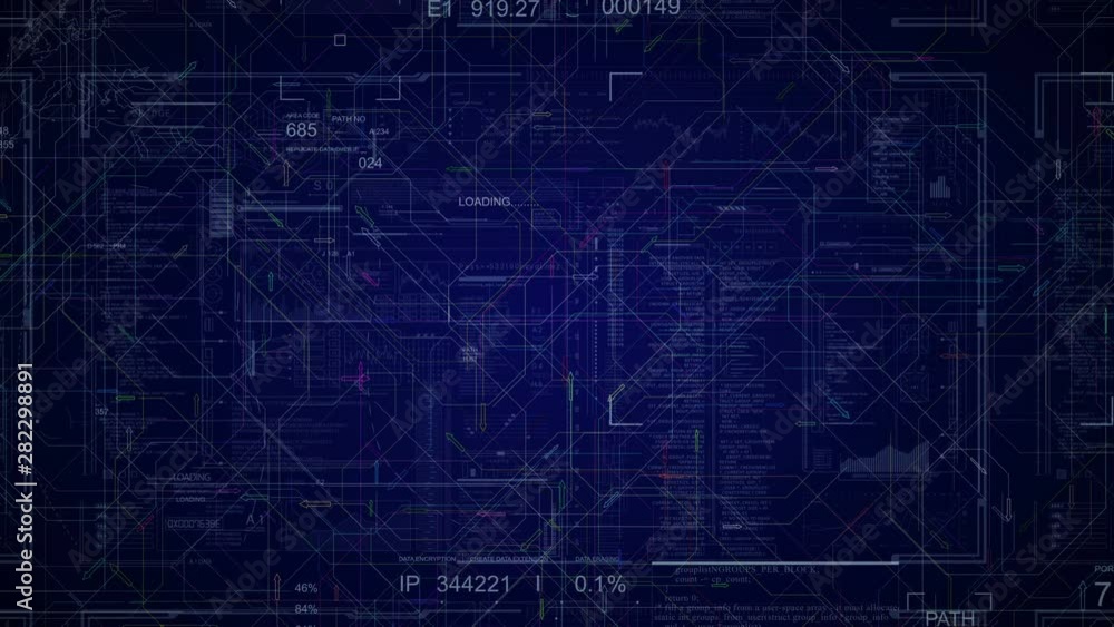Technological User Interface HUD.Camera zoom out in cyberspace from grid and HUD with animated arrows.Arrows move to the different directions.Geometrical grid lines trace the arrows. Blue. Technological User Interface HUD.Camera zoom out in cyberspace from grid and HUD with animated arrows.Arrows move to the different directions.Geometrical grid lines trace the arrows. Blue.