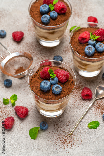 Classic tiramisu dessert with blueberries and raspberries in a glass and strainer with cocoa powder on concrete background