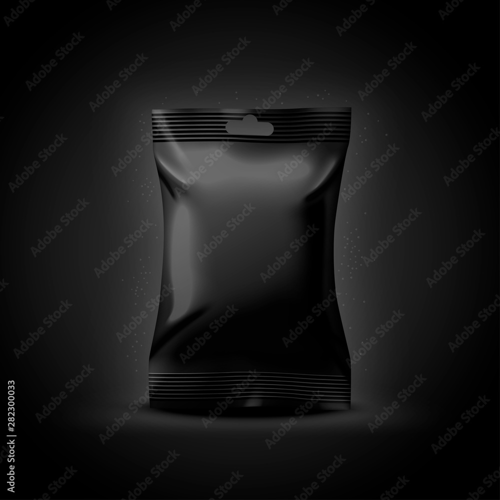 Vector 3d realistic luxury dark food sachet, isolated on black