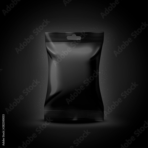 Vector 3d realistic luxury dark food sachet, isolated on black background. Mock-up for product package branding.