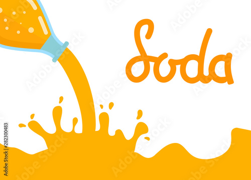 Water splash orange lemonade soda liquid.Bottle glass lemonade.Sparkling beverage fruit-flavored.Flat vector.