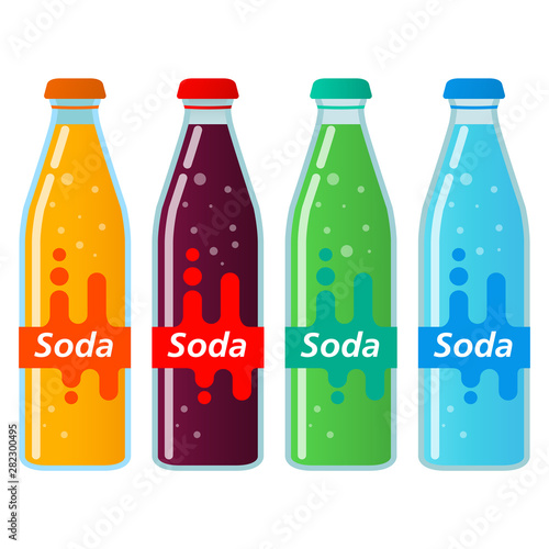 Sweet sparkling water.Orange and lemon lemonade.Set of glass bottles.Flat illustration vector.