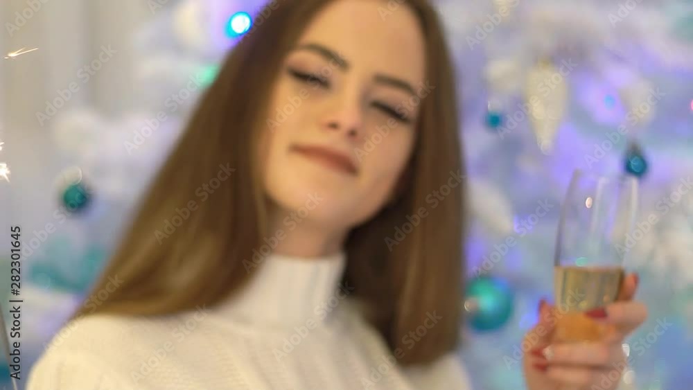 Christmas, New Year. Smiling Woman At Home With Glass Of Sparkling Wine. Christmas, New Year. Smiling Woman At Home With Glass Of Sparkling Wine.