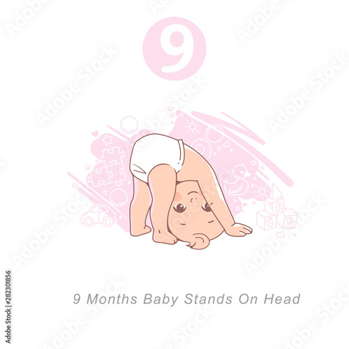 Little baby of 9 month.  Physical, emotional development milestones in first year. Cute little baby boy or girl  in diaper stand on head. Infographics  with text. Vector illustration.
