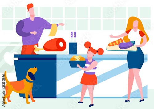 Father and Little Daughter Cooking on Kitchen