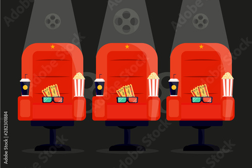 Red cinema movie amchair. Popcorn 3d glases, soda bucket box drink. Cinema night concept. Modern flat style vector illustration icons.