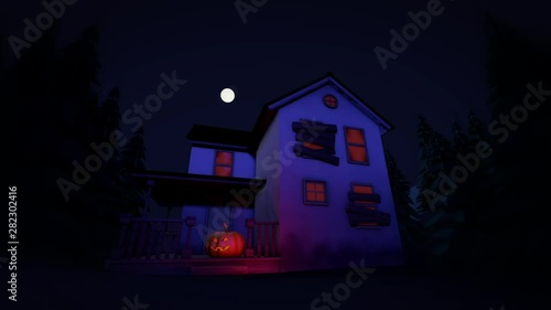 Spooky Animated Halloween Intro. 3d render with pumpkin graveyard and creepy old house. Mysterious dark Animation of a walk through forest and cemetery background