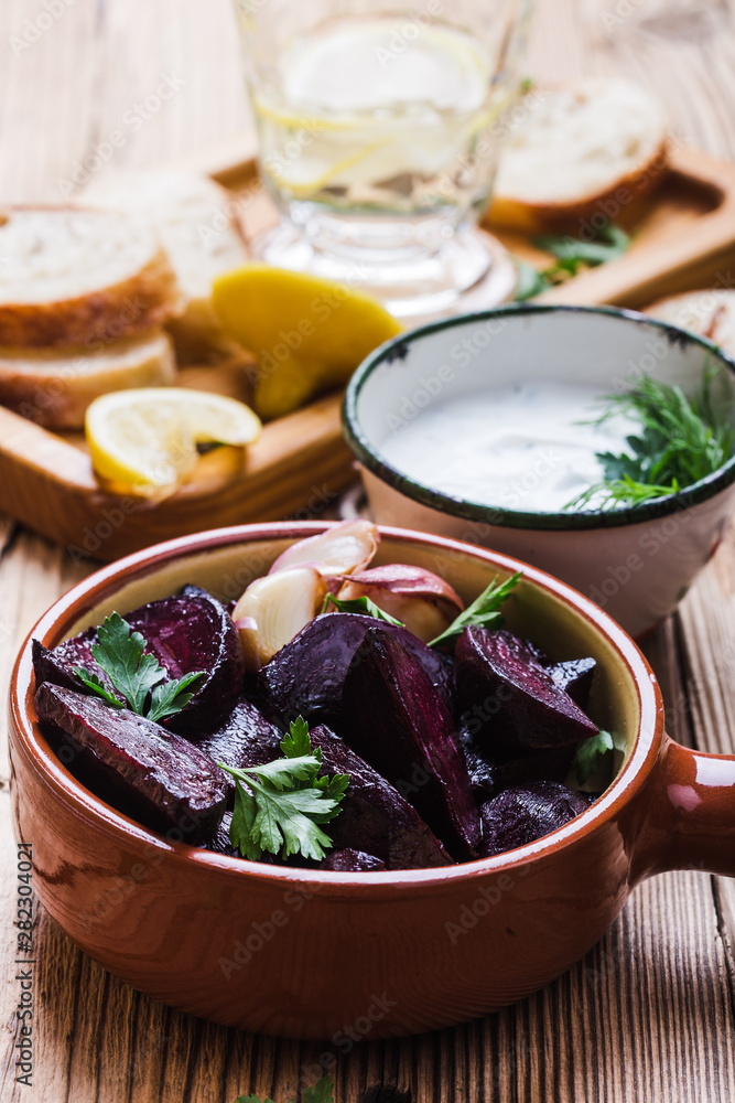 Yogurt dip with parsley, roasted beets, vegan plant based meal Yogurt dip with parsley, roasted beets, vegan plant based meal