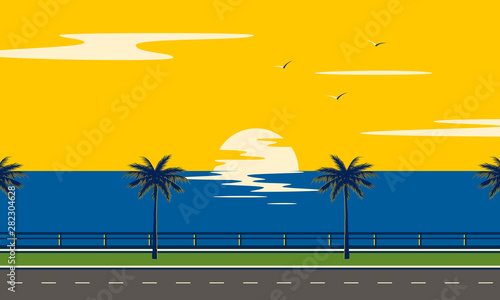 Trip on road to sea. Sunset summer tropical beach with palm trees and sea. Nature landscape and seascape. 